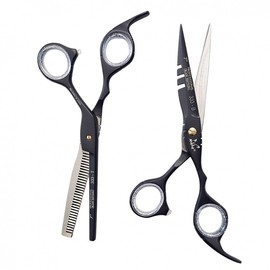 Maha Professional Hair Scissors Black 18cm for Cutting and Thinning Leather Case Straight + Thinning Scissors Set