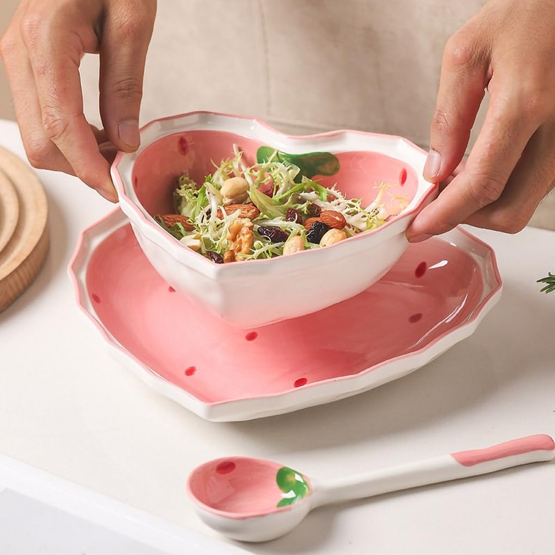 WAIT FLY Heart Shape Ceramic Dinnerware Set, Cute Strawberry Tableware