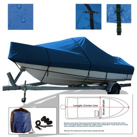 SavvyCraft Whaler Style Tri-Hull 600 Denier Heavy Duty Trailerable UV Resistant Boat Storage Cover(Blue, 13'.6" Lx68 Beam Width)