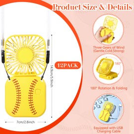 Retisee 12 Pcs Softball Portable Handheld Fan Necklace Fans Bulk 360° Foldable Electric Personal Small Mini 3 Speed Air Circulatory USB Rechargeable for Sport Party Favors Team Game Gift (Softball)