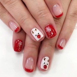 Christmas Short Square Fake Acrylic Nails with Red French Tip, Snowflake Designs, and Winter Xmas Nail Art for Women and Girls