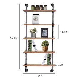 Industrial Pipe Shelving, 24inch Pipe Shelves with Wood Planks, 5 Tier Floating Shelves Wall Mounted Steampunk Real Wood Book Shelves, Retro Rustic Industrial Shelf for Bar Kitchen Living Room