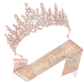 CAVETEE Princess Crown and Birthday Princess Sash, Birthday Tiara with Glitter Sash for Princess Party Decorations Happy Birthday Accessories Birthday Crown and Tiara for Women Girls (Rose Gold)