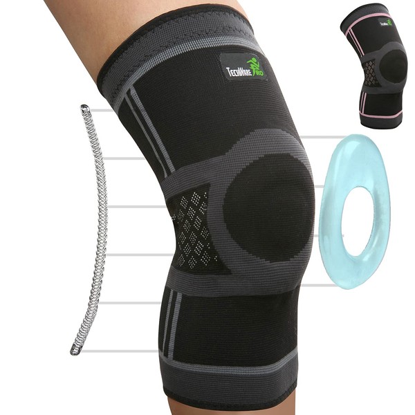 TechWare Pro Knee Compression Sleeve - Knee Brace for Men & Women with Side Stabilizers & Patella Gel Pads for Knee Support. Meniscus Tear, Arthritis, Joint Pain Relief. (Black/Gray-XXLarge)
