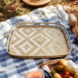 Rectangular Bamboo Wicker Serving Trays with Handles, Handwoven Coffee Trays for Coffee, Breakfast, Bread, Food, Dish and Decorative Trays for Dining Table