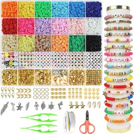 Kit para hacer pulseras con cuentas de arcilla 5100, cuentas planas de muy buen gusto para hacer joyas de amistad, cuentas de polímero Heishi con dijes, regalos para adolescentes y niñas, manualidades para niñas de 8 a 12 años (multicolor)