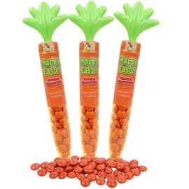 Needzo Plastic Carrot Filled with Orange Easter Chocolatey Pieces, Crunchy Shell Candy Coated Chocolatey in Tubes Shaped Like Carrots, Basket Stuffer Candies, Pack of 3