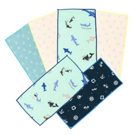 Kids' Mini Handkerchiefs 6 Pieces Set, Small Absorbent Handkerchiefs, Soft Cotton, Gentle to the Skin, Assorted Designs, Made in Japan, (Marine Pattern, 7.9" x 4.1")