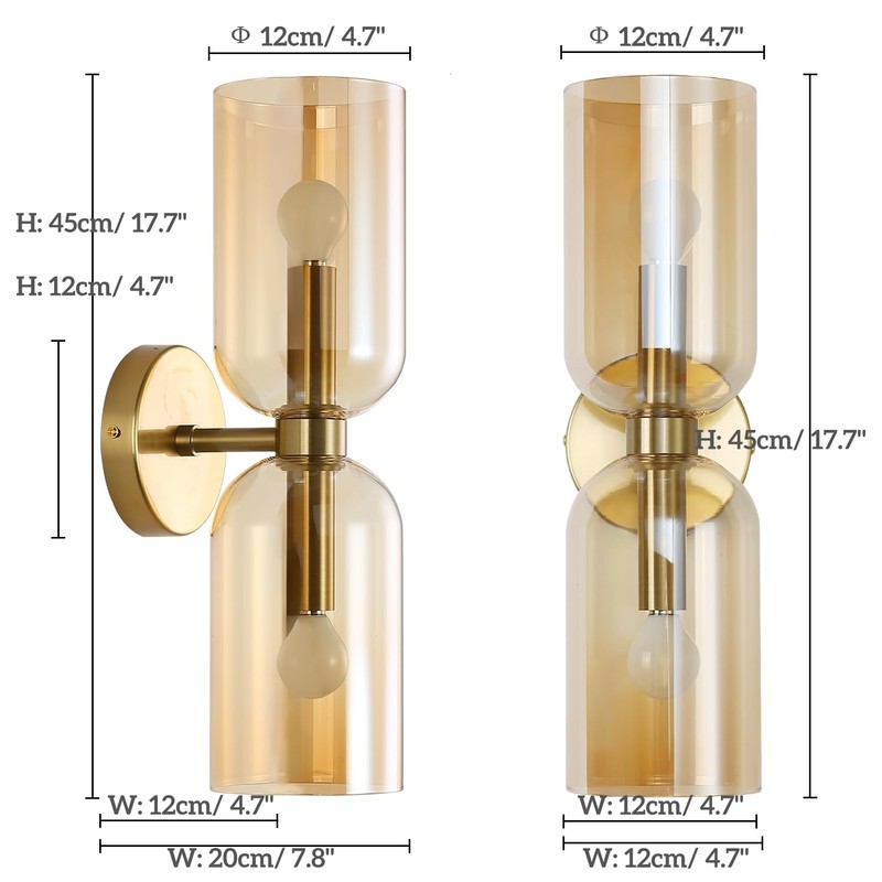 EFINEHOME Minimalist 2-Light Gold Wall Sconces with Cylinder Glass Shades-