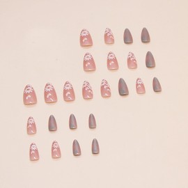 LOPMNGHT Press on Nails Medium Almond Acrylic Cat Eye Flower Design French Almond 24 Pcs Full Cover Glossy Reusable Coffin Nails Glue on Nails for Women