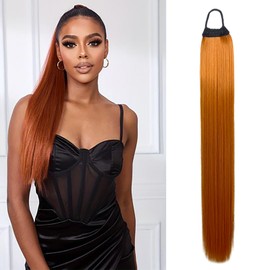 VAVANGA 28inch Long Ponytail Extension with Hair Tie, Orange Color Yaki Straight Ponytail Full Braiding Hair Ponytail Natural Fake Pony Tails Hairpiece for Women (#18C)