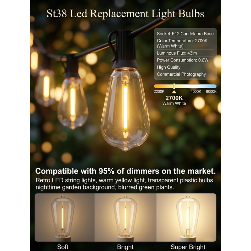 ST38 E12 LED Replacement Bulbs for Outdoor String Lights, 25