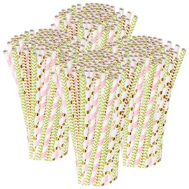 PEARL Disposable Straws: 400 Paper Straws, Retro Motifs in Gold, Green, Pink, 197 x 6 mm (Striped Paper Straws, Straw Drink, Drinking Bottle)