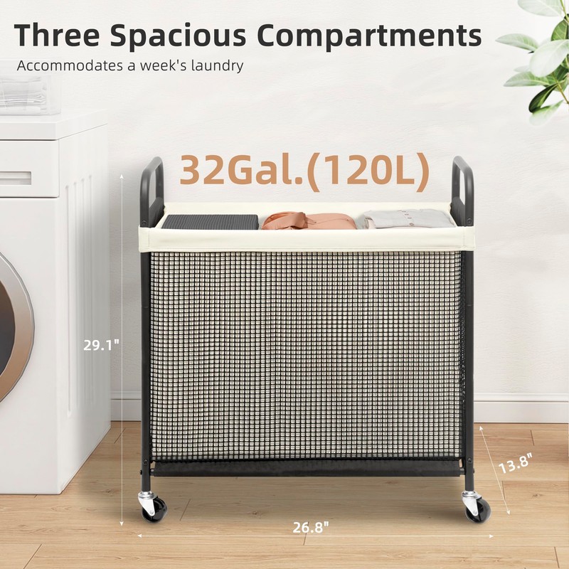 STORAGE MANIAC Rolling Laundry Hamper with Wheels 3-Section Laundry Sorter