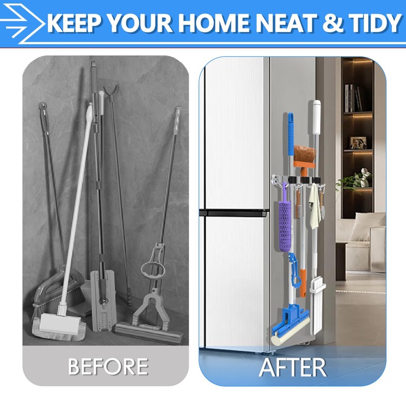 3-H Magnetic Broom Holder Wall Mount 2 Pack, 2-in-1 Dual