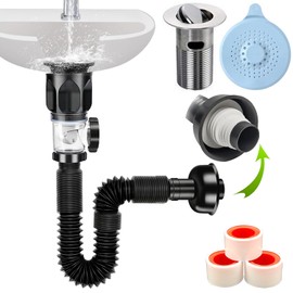Kit Juego de Desagüe para Lavabo de Baño, 2 en 1Coladeras Canal de Desagüe Antiolor para Fregadero de Baño con Flexible Extensible y Antiobstrucción,