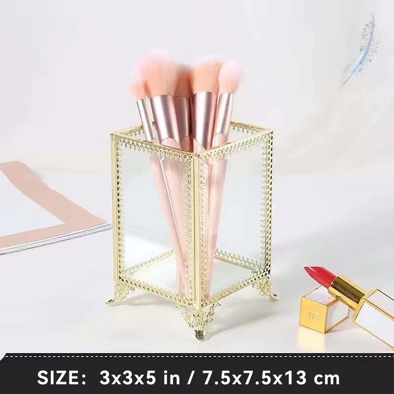Makeup Brush Holder Vintage Glass Handmade Organizer with White Pearls