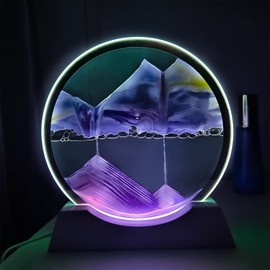 Akaco Sand Art Liquid Motion with Light White Wood Base Moving Sand Art Round Glass Flow Sand Painting 3 Color Changing Deep Sea Sandscape Table Lamp for Desk Toys Home Decor Creative Gift(Purple)