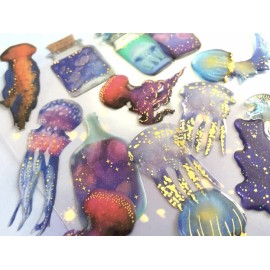 901bs Puffy Gold Jellyfish Ocean Sea Bottle Sticker Sheet Scrapbooking Junk Journal