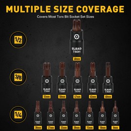 16-Piece Torx Bit Socket Set - Premium S2 Steel European Style T8-T60 with Socket Adapters, Star Bit Socket Set 1/4”, 3/8” and 1/2” Drive | Professional Mechanic Garage Tools