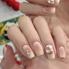 Gifiky Short Pearls False Nails Square Press on Nails Gradient Nails Tips Full Cover Cute Fake Nails for Women and Girls 24Pcs