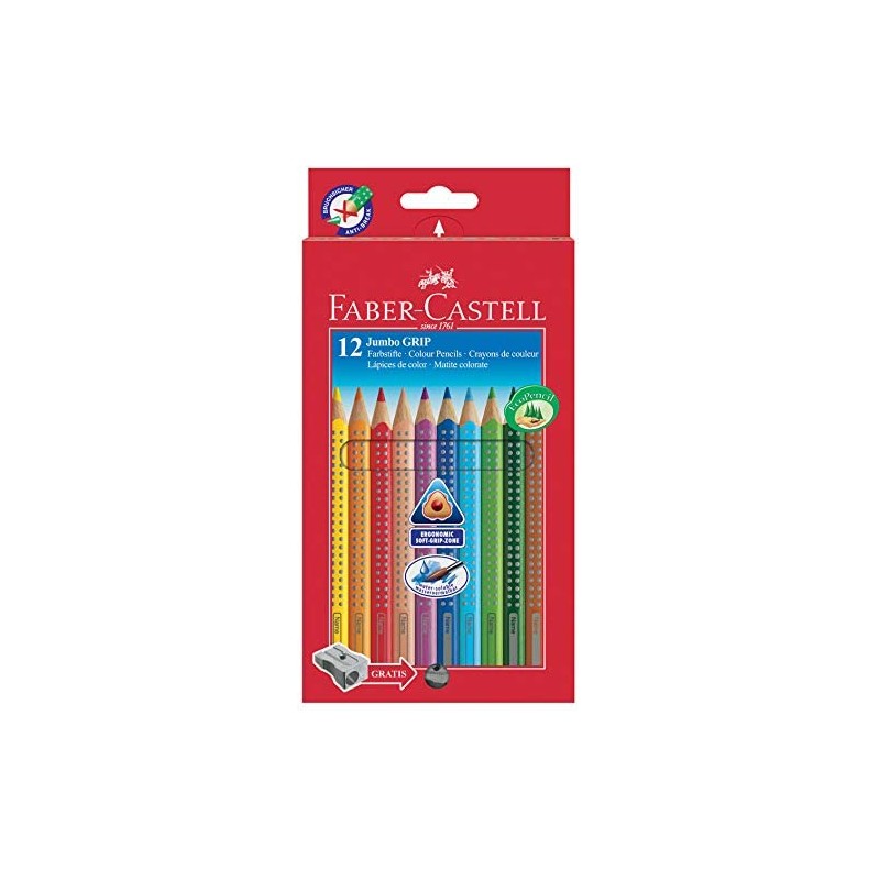 FABER-CASTELL Farbstift Jumbo GRIP, mit Spitzer, Schreibfarbe: 12er sortiert (12