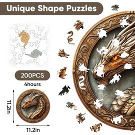 Wooden Puzzles for Adults, 200 Pieces Dragon Wood Puzzles,Extra Thick 5MM,Unique Shaped Liberty Jigsaw Puzzles for Adults and Kids,Best Birthday Gift and Family Game,11.2"*11.2"