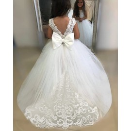 Abaowedding Lace Embroidery Sheer V-Back Sleeveless Kids Trailing Gowns Size 4,White SL