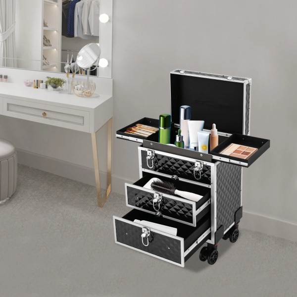 Unbranded 3-Tiers Rolling Makeup Case Professional Cosmetic Organizer w/ liding