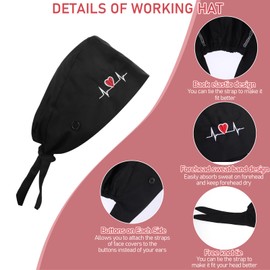 HaiFafafaing Adjustable Scrub Cap Satin Lined Scrub Hat for Women and Men Black Surgical Caps with Buttons, Elastic Bandage and Tie Back One Size