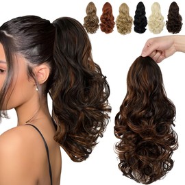 Felendy Ponytail Extension, 15" Drawstring Ponytail Hair Extensions Curly Wavy Clip in Pony Tails Cute Synthetic Hairpiece for Women Daily Use Dark Brown Mix Light Auburn
