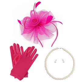 4 Pieces Women 20s Vintage Fascinator Hat Set with Pearl Necklace Earrings and Gloves for Tea Party Hats, Wedding, Derby Events - Hot Pink