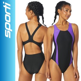 Sporti Piped Splice Wide Strap One Piece Swimsuit - Black/Purple - 34