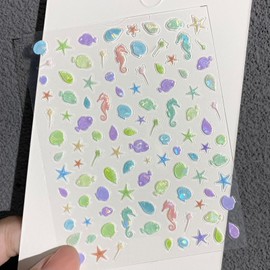 HYWWPFLAY 3 Sheets 5D Embossed Beach Nail Stickers - Starfish Seashell Dolphin Summer Nail Art Stickers Decals for Women, Self-Adhesive Ocean-Themed Design Supplies DIY Manicure Decoration