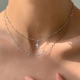 TseenYi Layered Star Choker Necklace Silver Star Pendant Necklace Boho Outline Star Necklace Layering Beaded Satellite Chain Necklace Chain Jewelry for Women and Girls Gifts