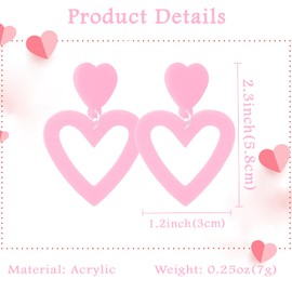 Mintolex Y2K Love Heart Dangle Earrings for Women Summer Beach Acrylic Candy-colored Earrings Lightweight Double Heart Drop Earrings Red Pink Orange Valentine's Day Mother's Day Jewelry Gift, Light Pink