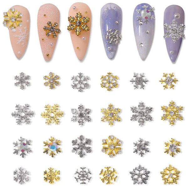 Nail Charms Gold Silver Snowflakes Rhinestones Gems Crystals Diamonds, 24 Pcs 3D Metal Alloy Snowflakes Charms Gems Design for Women Nail Art Decoration Craft Jewelry DIY