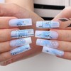 MqpQ Blue Chrome Bow Long Square Press On Nails 3d