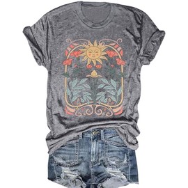 Vintage Sun Flower Shirts for Women Casual Boho Floral Printed T-Shirt Sunflower Wildflowers Graphic Tees Tops (Gray, XL)