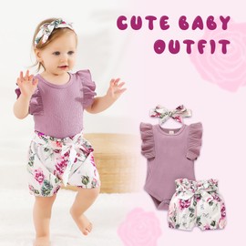 Tiny Cutey Baby Girl Clothes Infant Summer Outfits Set Ruffle Sleeve Romper and Floral Shorts with Headband (Sleeveless Purple, 0-3 Months)