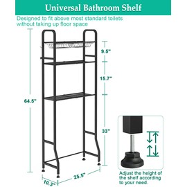 Khordin Over The Toilet Storage Shelf for Bathroom, 3-Tier Above Toilet Rack Bathroom Organizer with Adjustable Shelves and Hanging Hooks, Easy to Assemble & Space Saving, Black