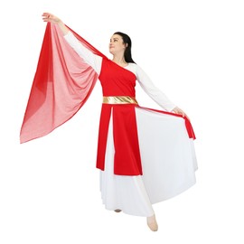 Danzcue Womens One-Shoulder Praise Dance Tunic with Graceful Shoulder Sash, Praise Dance Overlays and Tunic for Women, Scarlet-Gold, 2XL-3XL