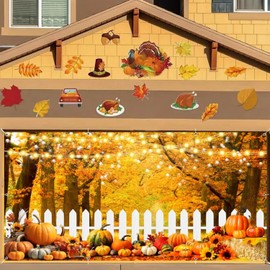 Fall Thanksgiving Garage Door Cover Decorations Backdrop, Autumn Garage Door Banner Large 7x16ft Maple Forest Pumpkin Fence 2 Car Fall Garage Door Banner Holiday Decorations Outdoor Party Background