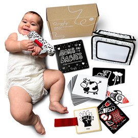 Quiggly High Contrast Baby Toy Set - Black and White Newborn Sensory Toys - Tummy Time Mirror, 25 Visual Stimulation Cards & Board Book - Infant Play Kit for Newborns 0-3 Months (Standard)