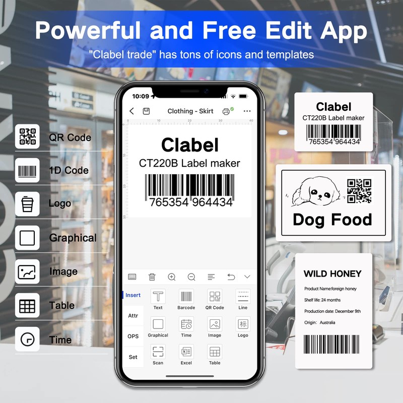 Label Maker CLABEL 220B, Portable Barcode Printer, Mini Wireless Thermal