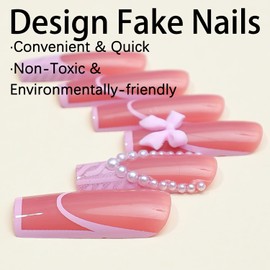 Press on Nails Coffin Long Pink 24Pcs Glossy Full Cover French Acrylic Square False Nails with Pearl Bow Designs Artificial Ballerina Fake Nails with Charms Glue Stick on Fingernails for Women Girls