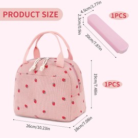 1 x Strawberry Lunch Bag, 1 x Portable Utensil Box, Cute Lunch Bag for Children, Portable Lunch Bag, Corduroy Lunch Bag with Large Capacity, Insulated Outdoor Lunch Bag