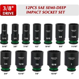 FOCUS AUTO TOOLS 12PCS 3/8" Drive Impact Socket Set Semi-Deep Sockets Standard SAE 5/16"-1" CR-MO