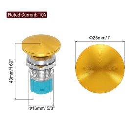 MECCANIXITY 1PCS 10A 250V AC 16mm 5/8" Latching Mushroom Head Push Button Switch Gold 1NO Waterproof IP65 SPST with Socket Plug Domed Round 2 Welding Foot Switch