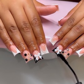 French Tip Nails Press ons Black White Fake Nails Duck False Nails with Design Rhinestone Glue on Nails Bow Stick on Nails Glossy Artificial Acrylic Full Cover Nail for Women Girls Manicure 24Pcs